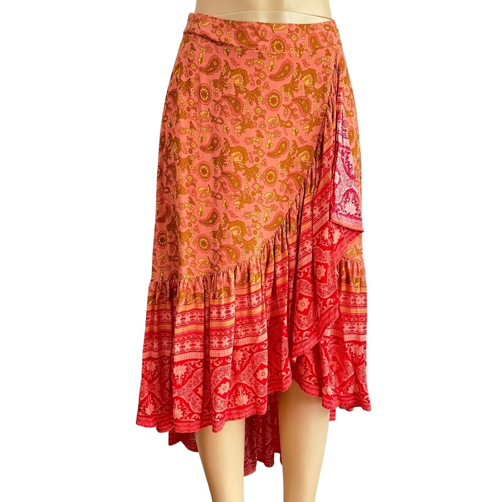 Rusttydustty High Low Skirt Womens Medium Paisley Floral Ruffle Pink Boho Summer